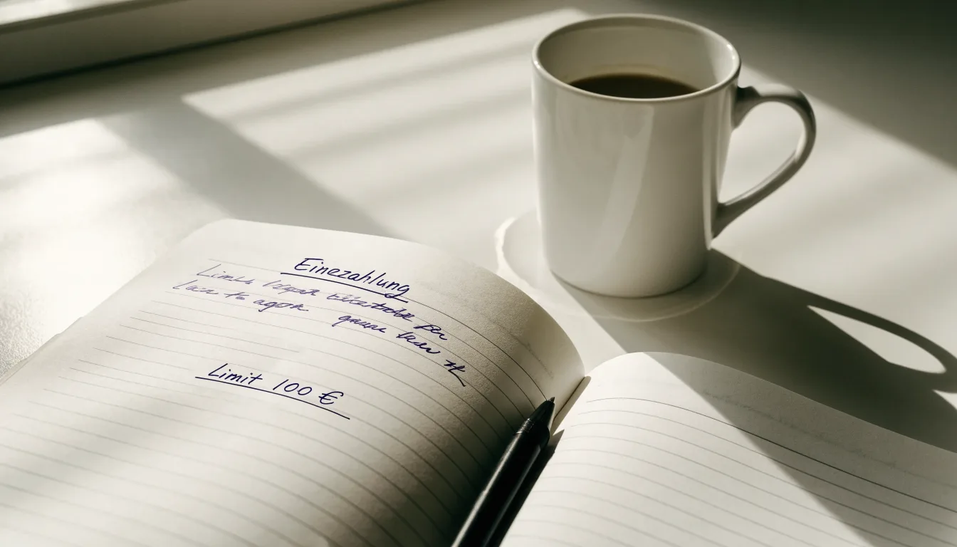 Ein aufgeschlagenes Notizbuch mit handschriftlichen Notizen und ein Kugelschreiber liegen auf einem hellen Schreibtisch neben einer Kaffeetasse.