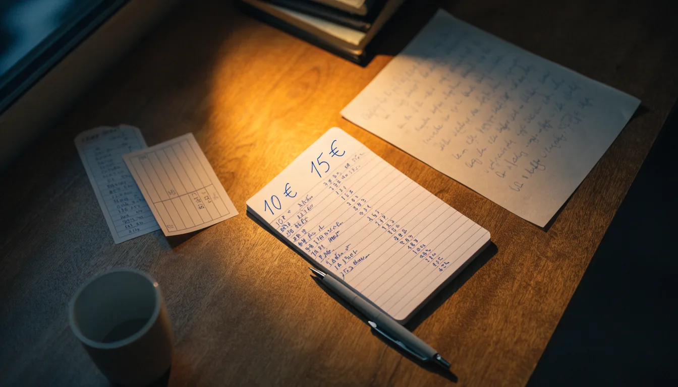Ein Taschenrechner und ein Blatt Papier mit handschriftlichen Notizen liegen auf einem Schreibtisch unter dem warmen Licht einer Lampe.