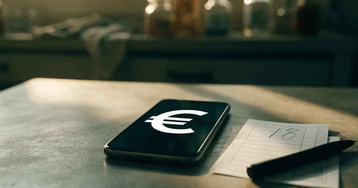 Eine Hand legt ein paar Münzen neben ein umgedrehtes Smartphone auf eine graue Tischplatte, dahinter verschwommen ein Küchenregal.