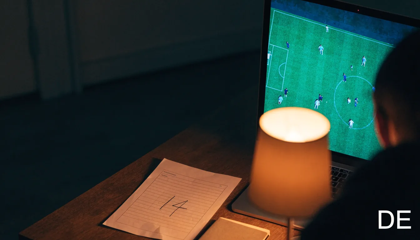 Ein Stadion unter Flutlicht bei Nacht, von einem Hügel aus der Ferne betrachtet, mit Dunst über dem Spielfeld.