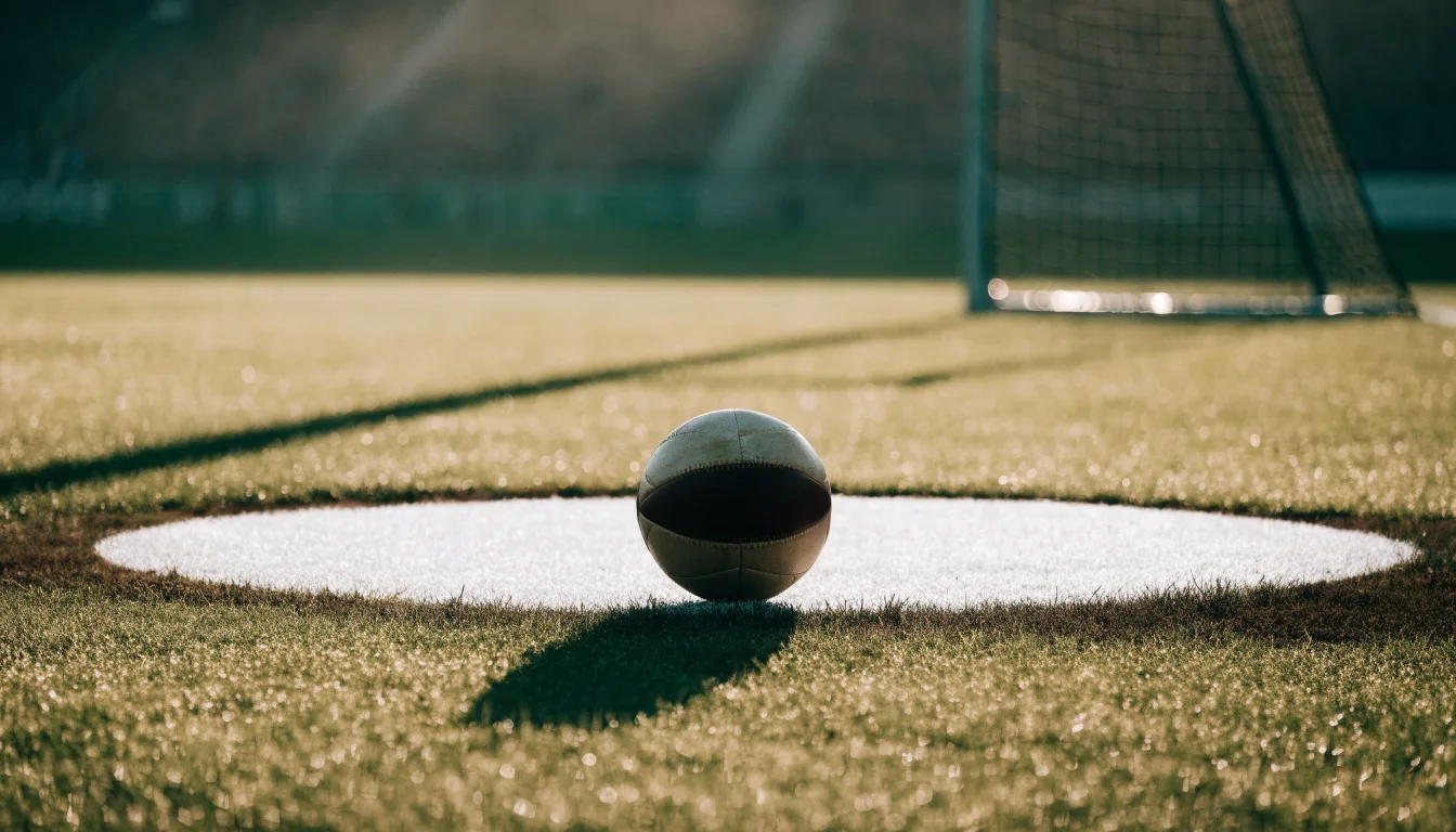 Ein Fußball liegt auf dem Elfmeterpunkt eines leeren Rasenplatzes, im Hintergrund eine Tribüne im Dunst.