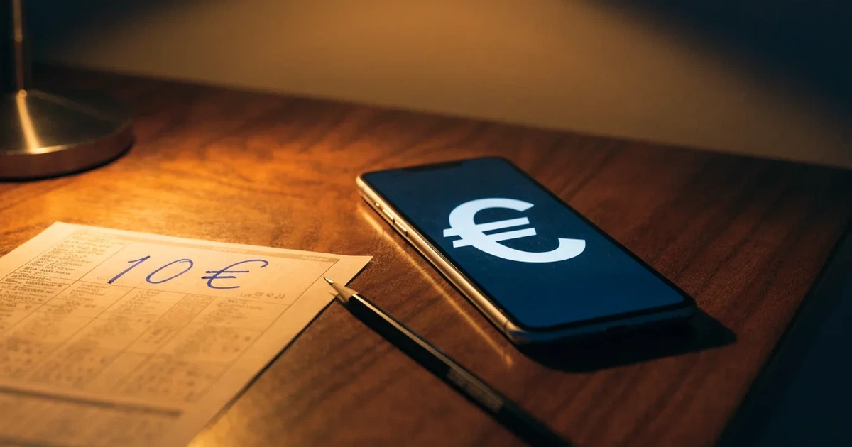 Ein leerer Wettschein aus Papier liegt neben einem Stapel Euro-Münzen auf einem dunklen Holztisch, seitlich von einer Schreibtischlampe beleuchtet.