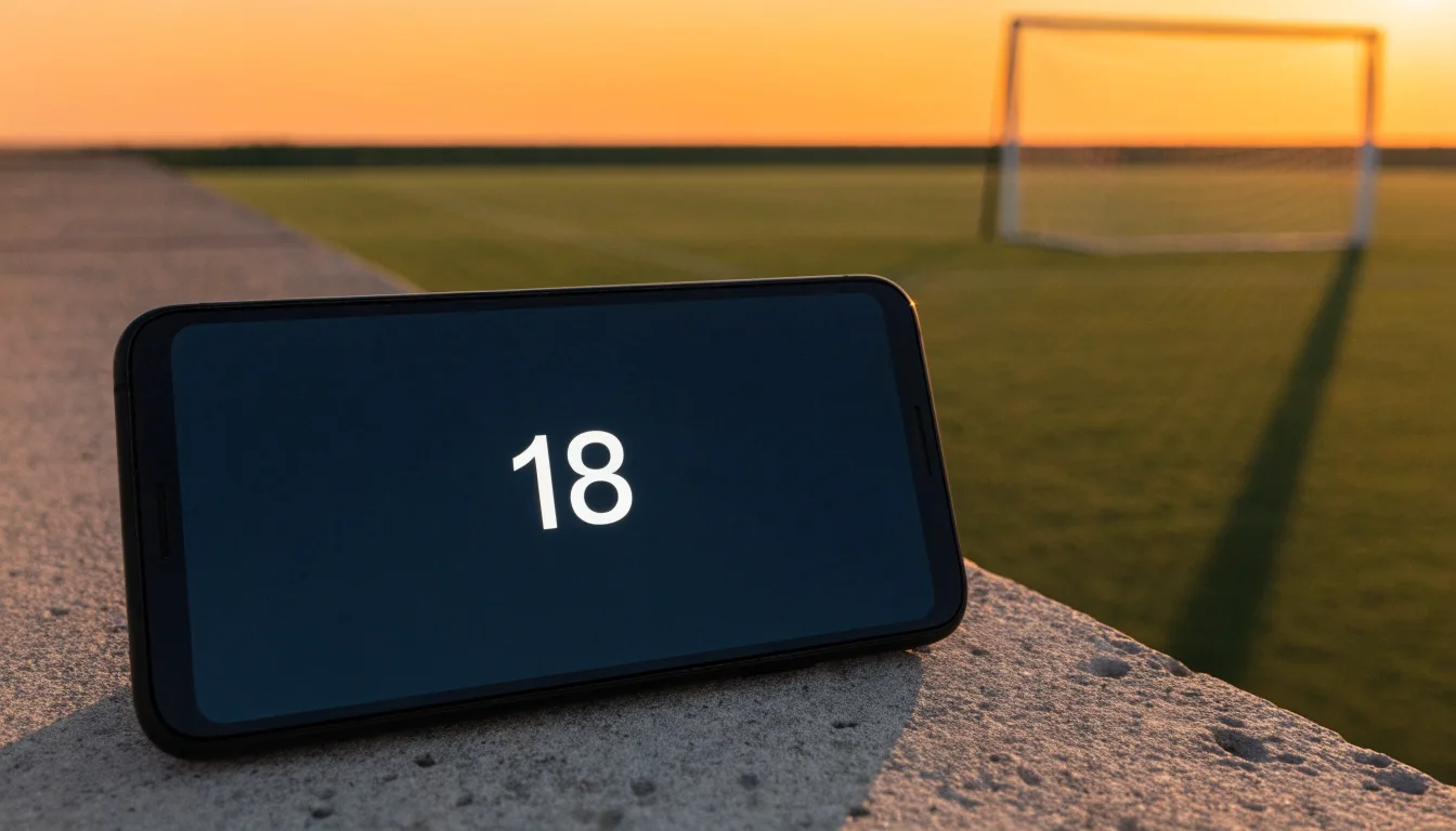 Ein Fußballtor mit Netz bei Sonnenuntergang auf einem leeren Platz, die Schatten der Torpfosten liegen lang auf dem Gras.