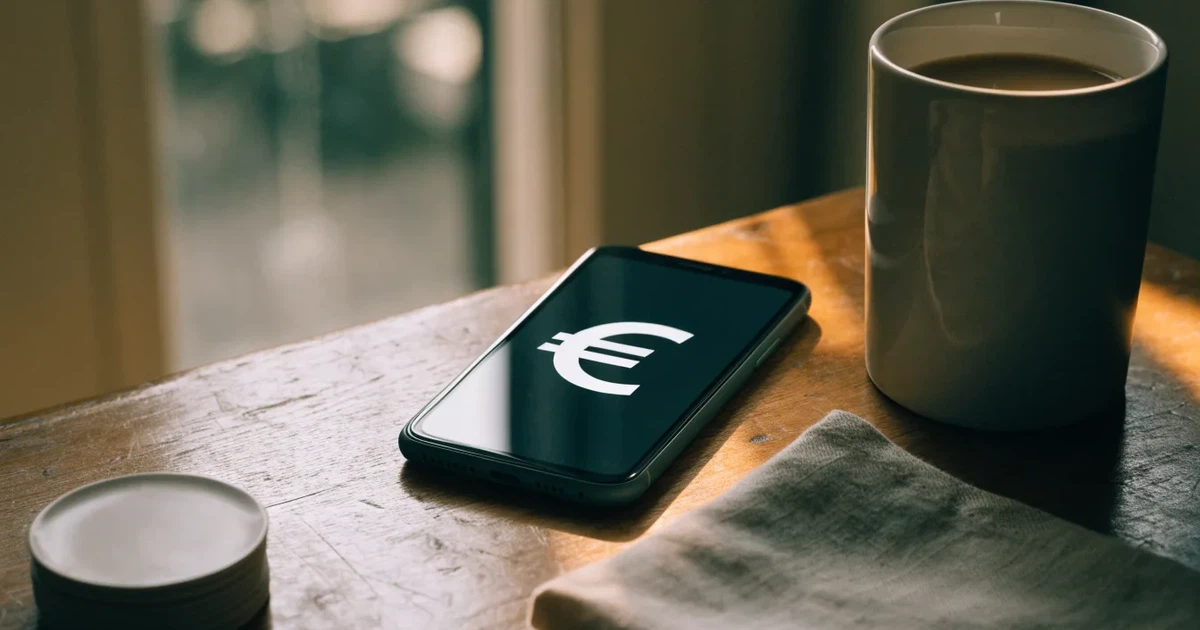 Zwei Euro-Scheine und ein Smartphone liegen auf einem Holztisch neben einer Tasse, im Hintergrund ein unscharfes Fenster.