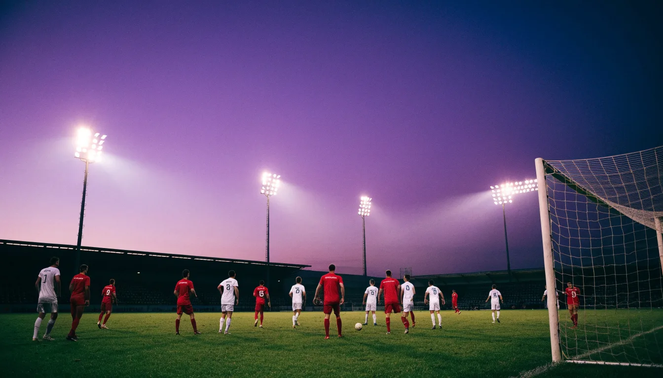 Ein Fußballstadion von außen in der Dämmerung, hohe Flutlichtmasten vor einem violetten Himmel, davor ein leerer Parkplatz.