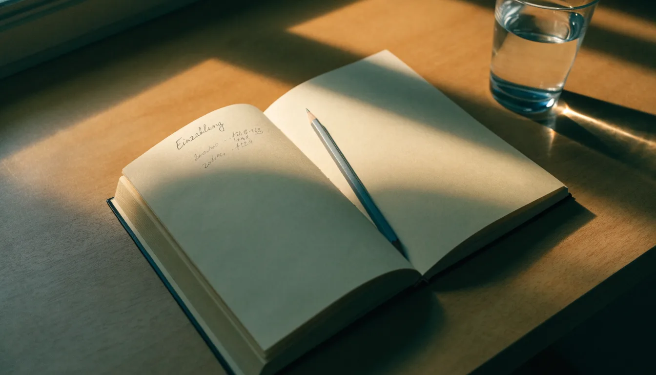 Ein aufgeschlagenes Heft mit handschriftlichen Notizen und ein Bleistift liegen auf einem Schreibtisch, daneben ein Glas Wasser.
