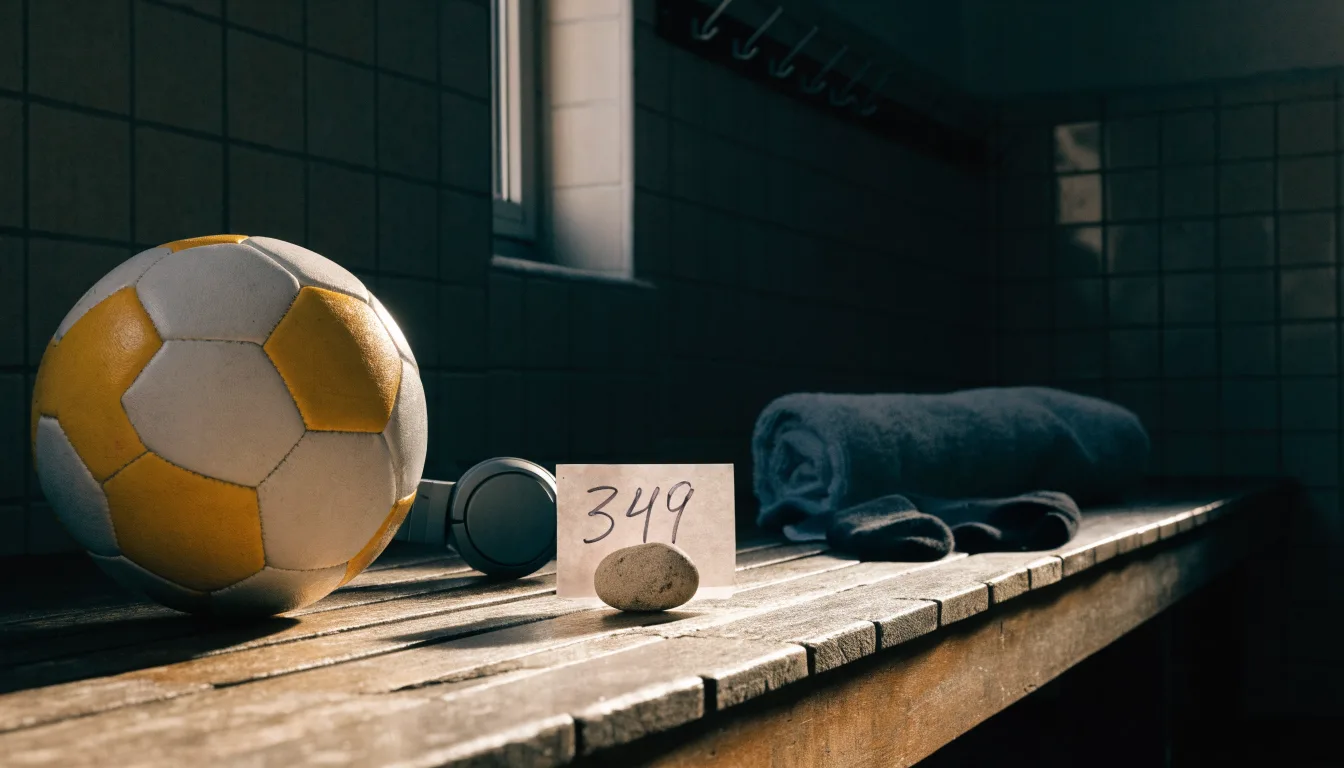 Ein Fußball liegt neben Kopfhörern auf einer Holzbank in einer Umkleide, Licht fällt durch ein schmales Fenster.