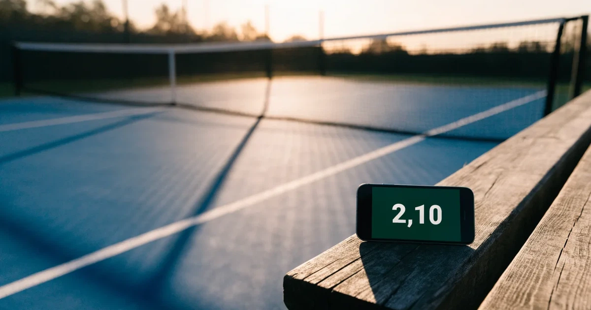 Ein leerer Tennisplatz mit Hartplatzbelag in der Morgendämmerung, das Netz im Gegenlicht und lange Schatten der Linien.