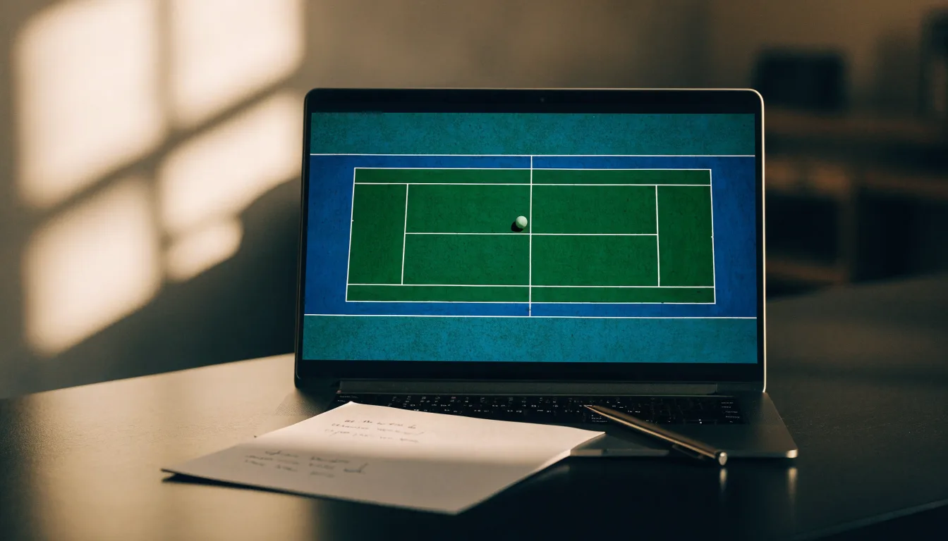 Ein leerer Schiedsrichterstuhl am Spielfeldrand eines Tennisplatzes im Abendlicht, lange Schatten auf dem Belag.