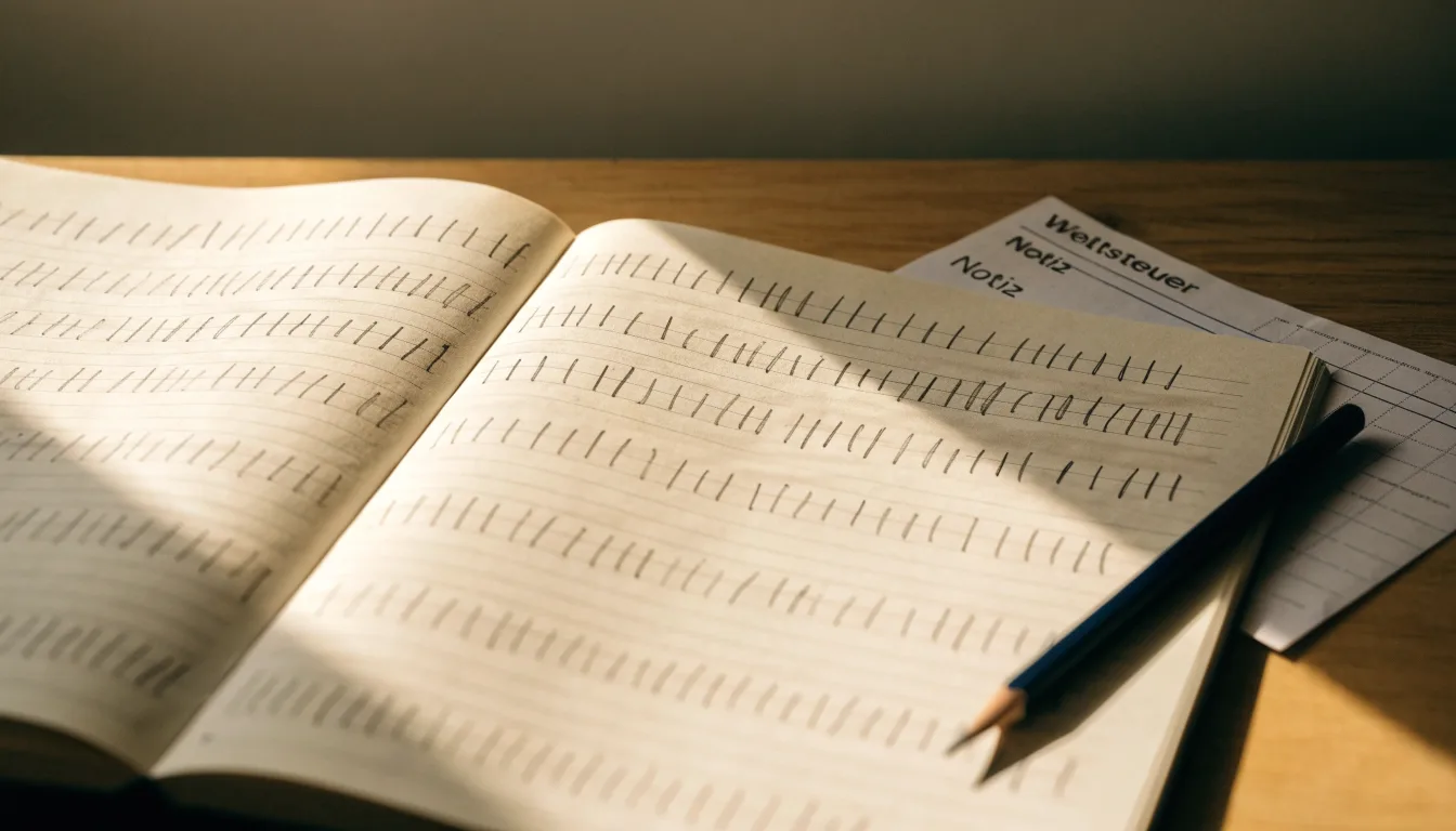Ein handschriftlich geführtes Heft mit Strichlisten liegt neben einem Bleistift auf einem Tisch, seitlich fällt Tageslicht herein.