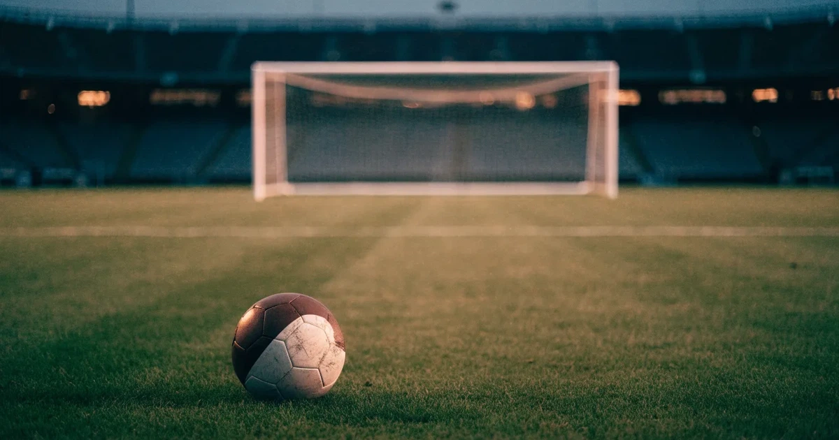 Ein Fußball liegt im Strafraum direkt vor dem Tor mit Netz, im Hintergrund leere Ränge bei Dämmerung.
