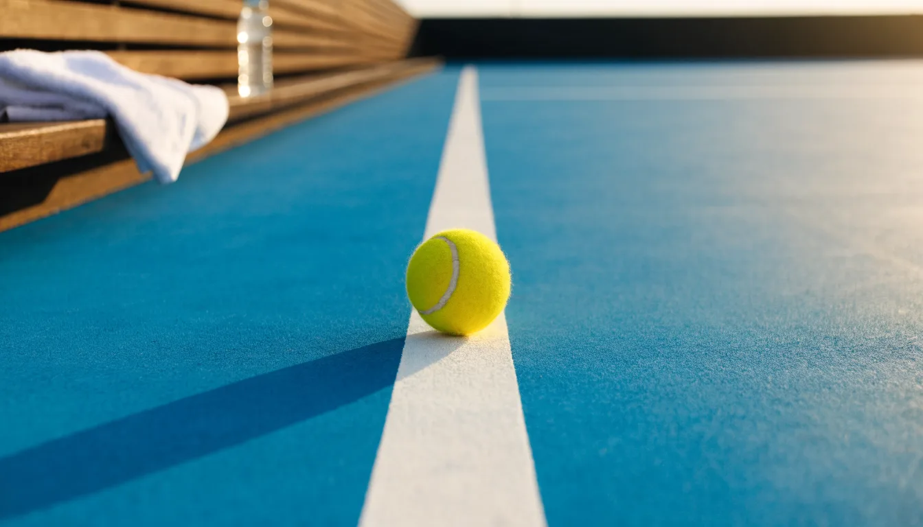 Ein gelber Tennisball liegt auf einer weißen Linie, daneben ein Handtuch auf einer Bank am Spielfeldrand.