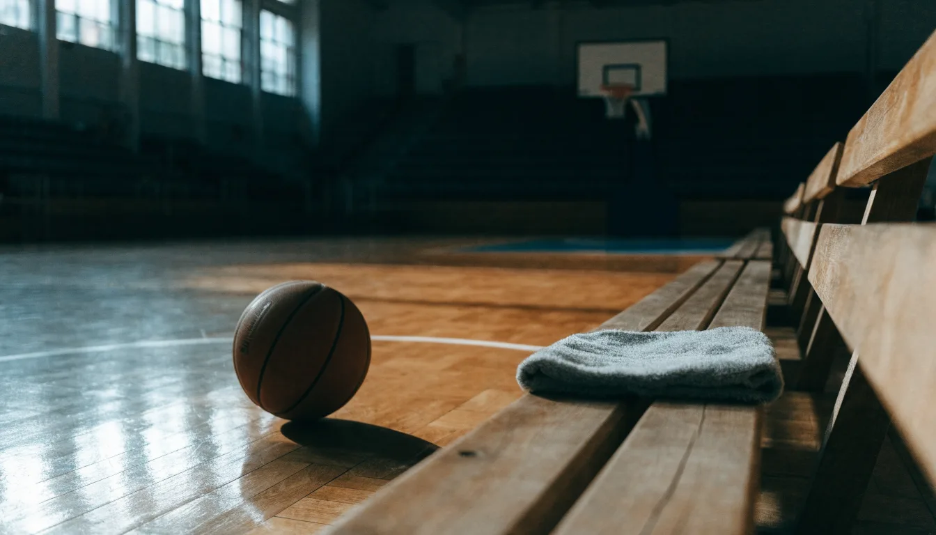 Ein Basketball liegt auf der Freiwurflinie einer Halle, im Vordergrund ein Handtuch auf einer Bank.
