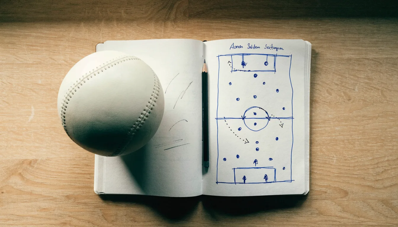 Ein Fußball liegt auf einem Notizbuch mit handgezeichneten Skizzen von Spielzügen, aufgenommen von oben auf einem Holztisch.
