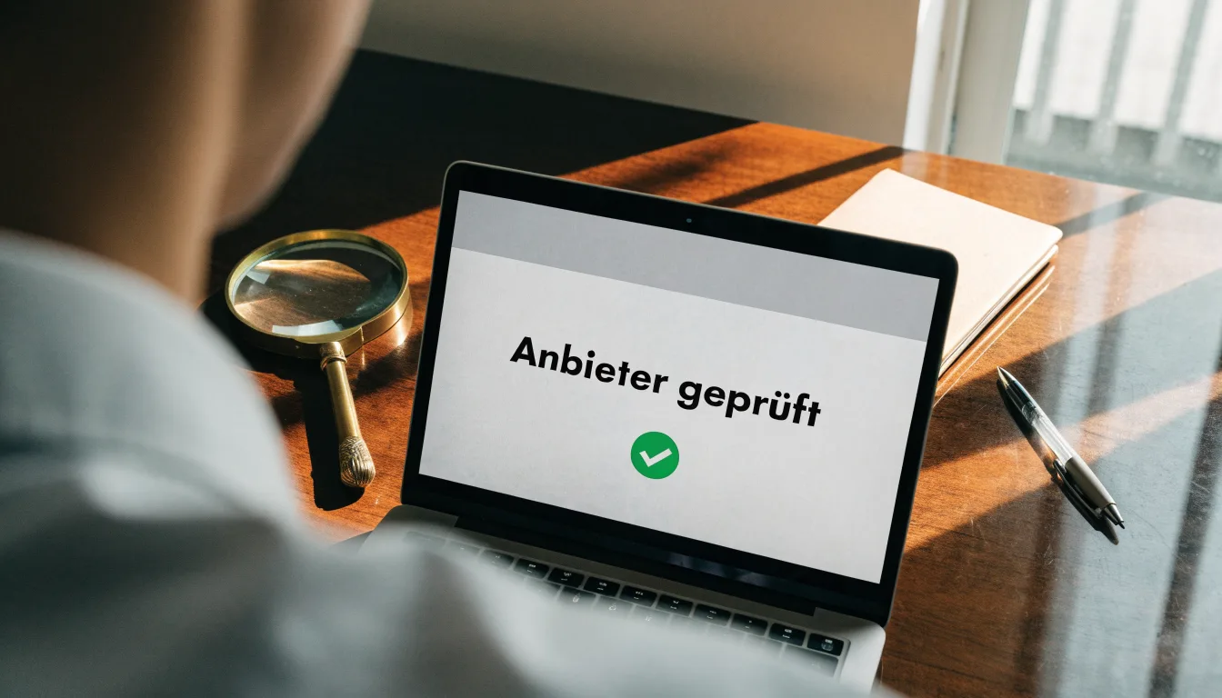 Eine Waage aus Messing steht neben einer Lupe auf einem polierten Schreibtisch.