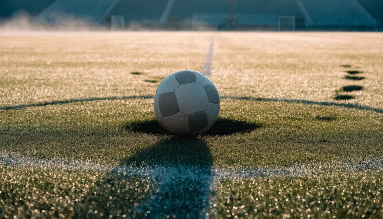 Ein Fußball liegt auf dem Anstoßpunkt eines Rasens bei Sonnenaufgang, Tau glitzert auf den Halmen.