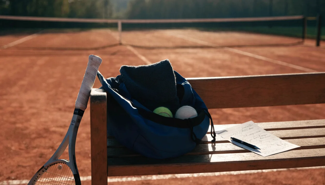 Ein Tennisschläger lehnt an einer Bank neben einer Sporttasche, im Hintergrund ein leerer Platz.