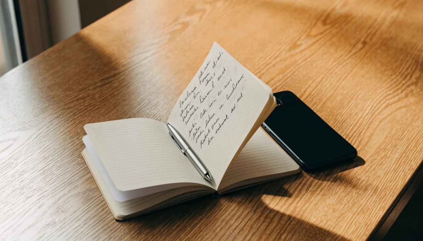 Ein Notizbuch mit handschriftlichen Notizen und ein Kugelschreiber liegen neben einem Smartphone mit dunklem Display auf einem Holztisch.