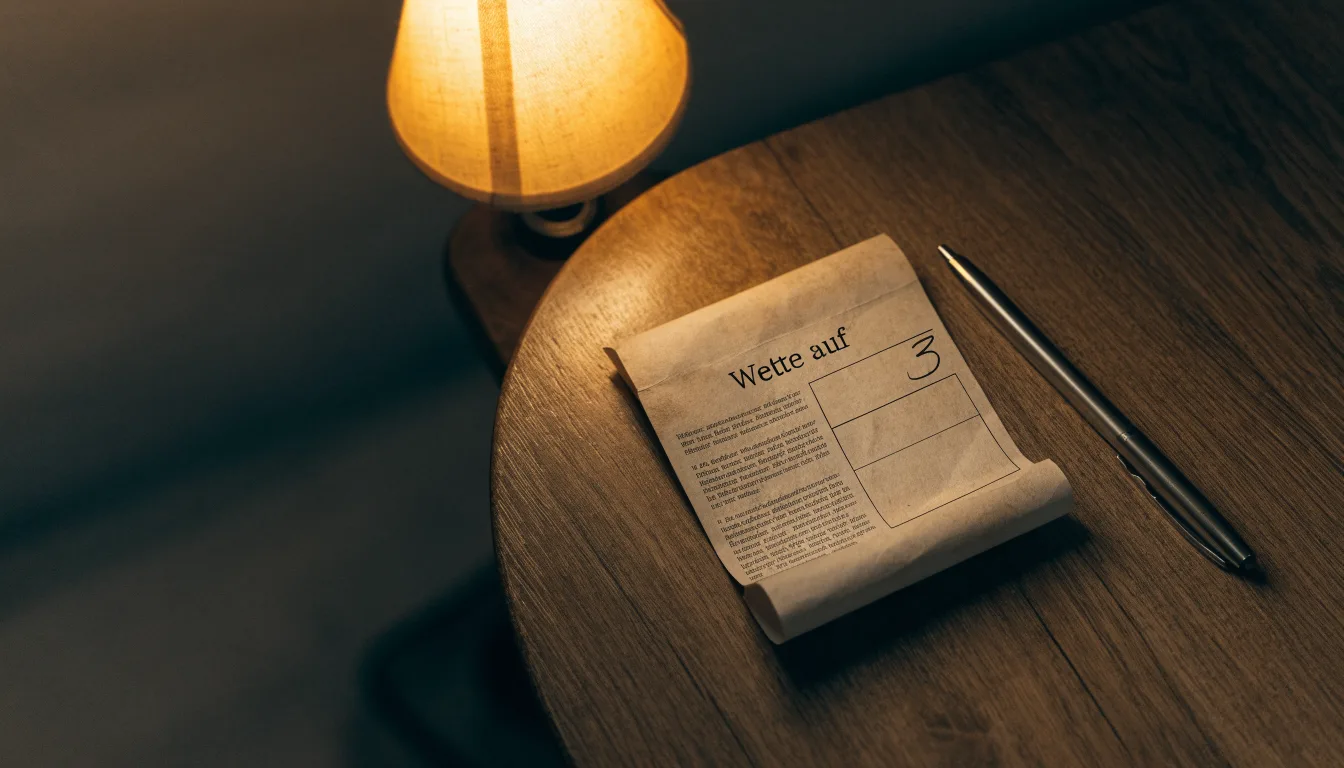 Ein leerer Wettschein aus Papier liegt neben einem Stift auf einem Schreibtisch im Licht einer kleinen Tischlampe.