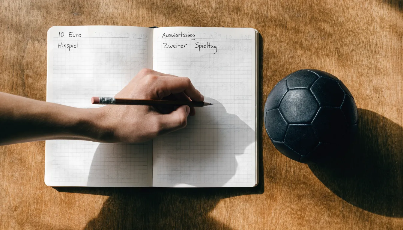 Eine Hand notiert mit Bleistift Zahlen in ein kariertes Heft, daneben liegt ein kleiner Lederfußball auf einer Holzplatte.