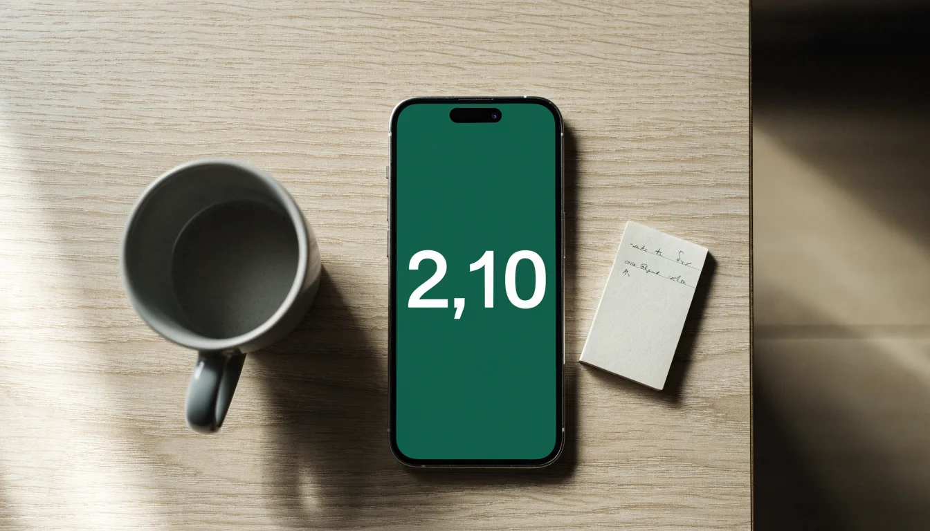 Ein Smartphone mit dunklem Display liegt neben einer Kaffeetasse und einem Notizblock auf einem hellen Tisch.