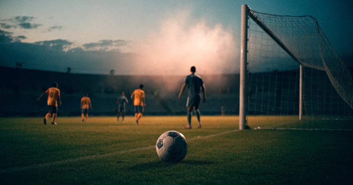 Ein Fußballtor mit gespanntem Netz steht auf einem leeren Rasenplatz, davor ein einzelner Ball, Morgendunst liegt über dem Feld.
