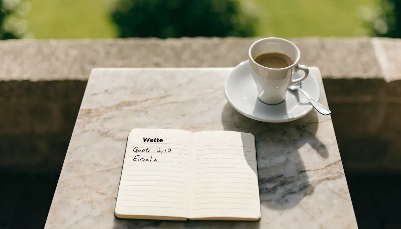 Eine Espressotasse steht auf einem kleinen Marmortisch einer Terrasse, daneben ein Notizheft mit handschriftlichen Skizzen.