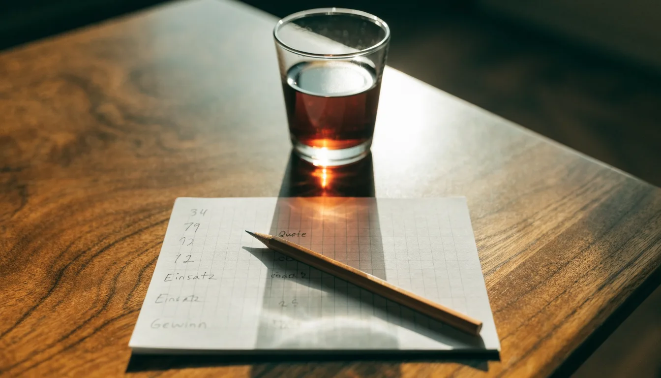 Ein Taschenrechner und ein Bleistift liegen auf einem karierten Notizblock neben einem Glas Tee auf einem Holztisch.