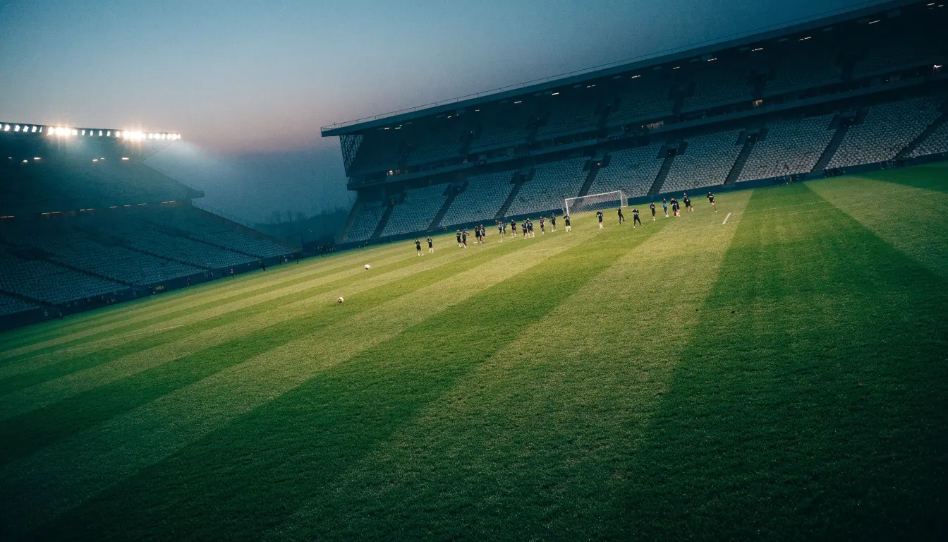 Eine leere Stadiontribüne unter Flutlicht aus der Ferne betrachtet, die Rasenfläche leuchtet grün in der Dämmerung.