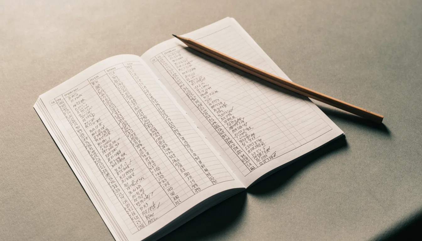 Ein Taschenrechner, ein Bleistift und ein Block mit handschriftlichen Zahlenreihen liegen auf einer grauen Arbeitsfläche.