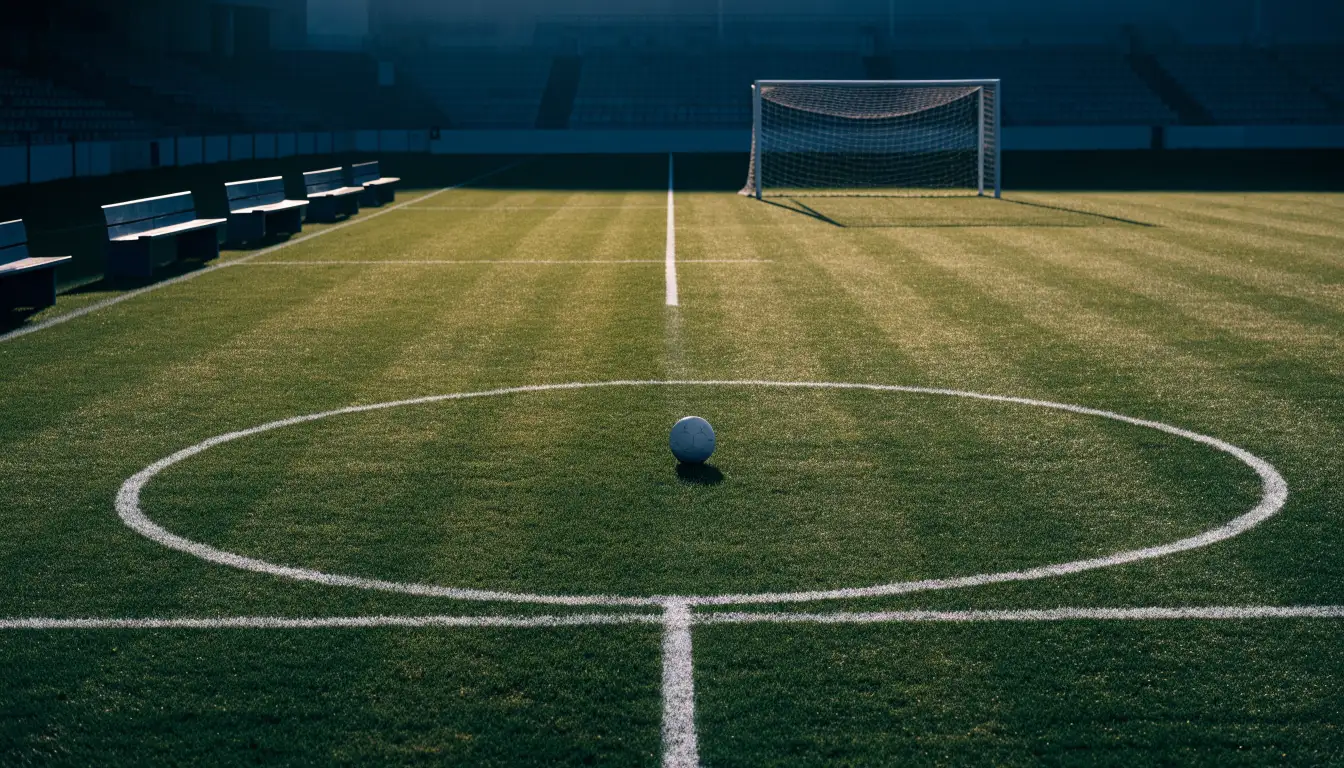 Ein Fußballplatz mit frisch gezogenen Kreidelinien im ersten Morgenlicht, leere Ersatzbänke am Spielfeldrand.