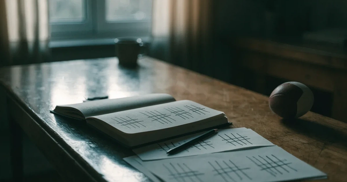 Ein Notizbuch mit handschriftlichen Strichlisten, ein Bleistift und ein kleiner Fußball liegen auf einem Schreibtisch vor einem Fenster.