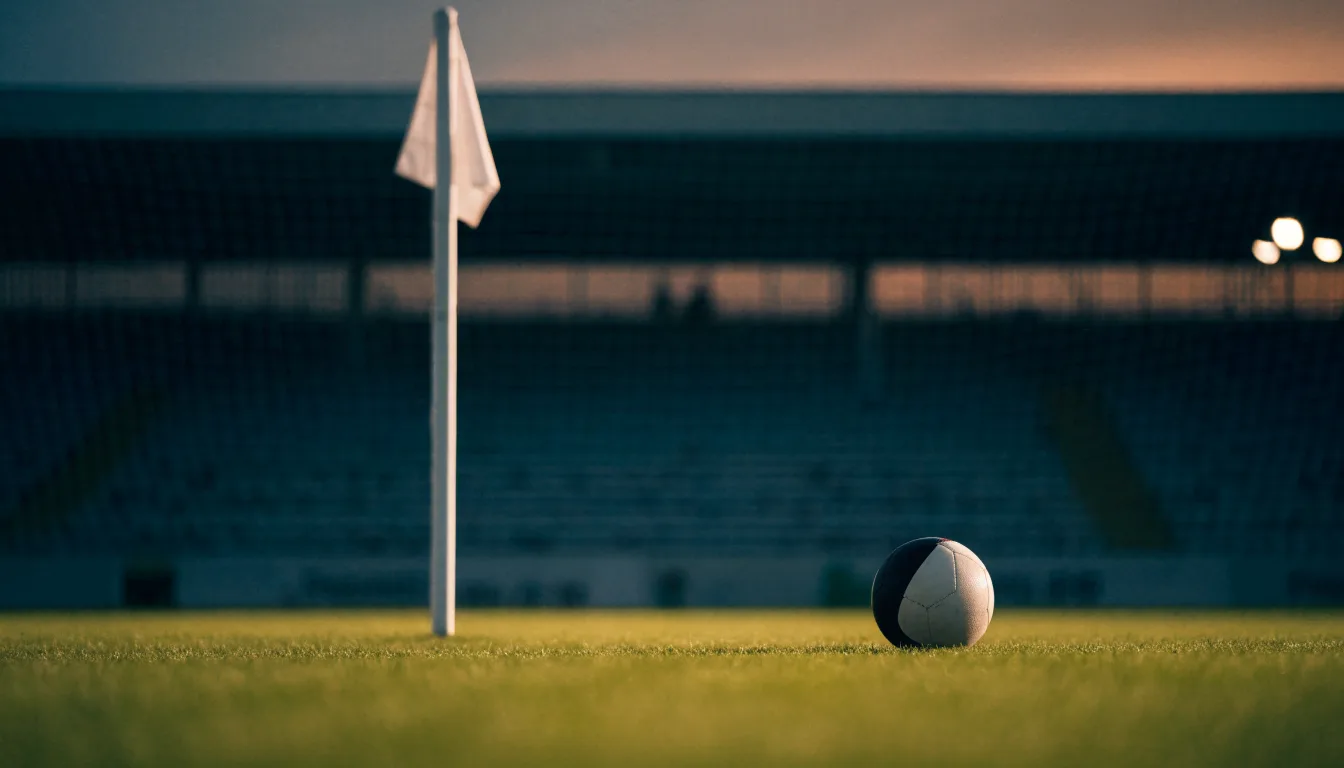 Ein Fußball liegt neben einem Eckfahnen-Pfosten auf einem Rasenplatz, im Hintergrund ein leeres Stadion in der Dämmerung.