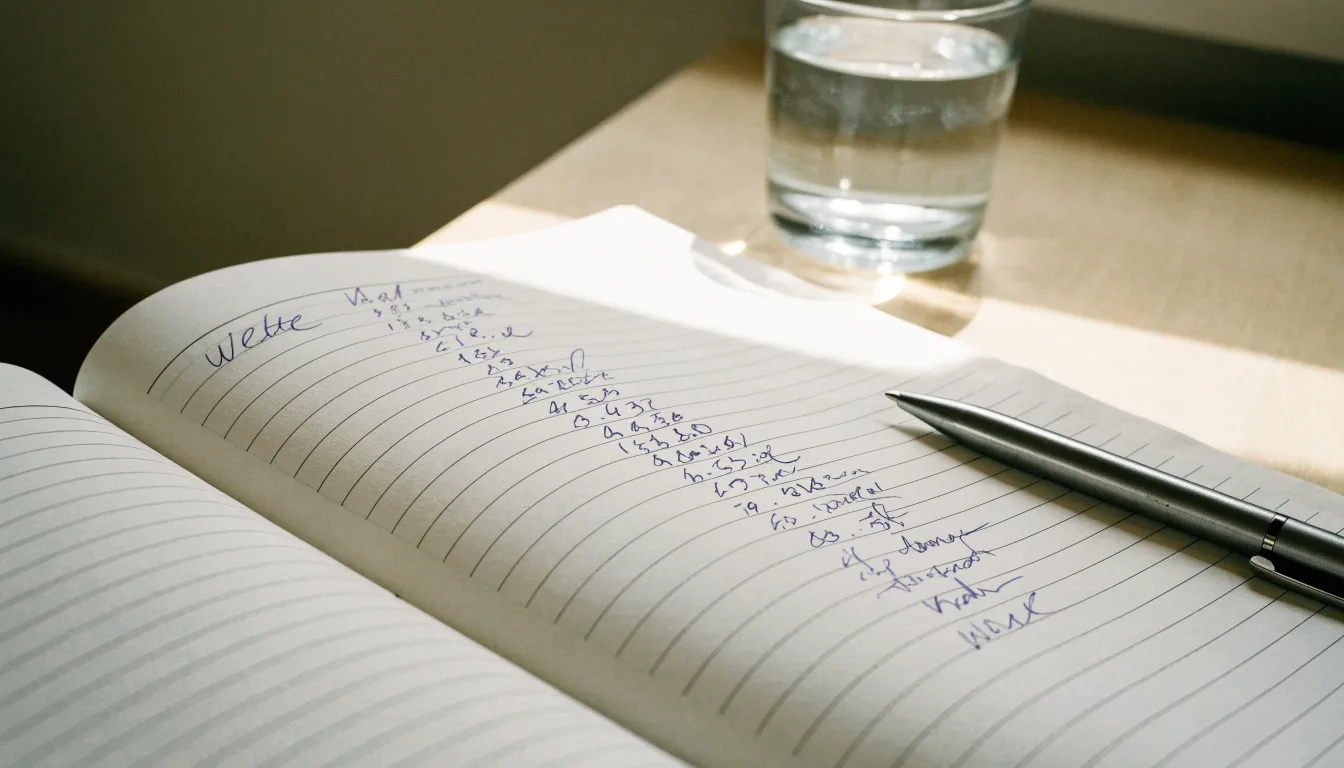 Ein Taschenrechner liegt auf einem Schreibtisch neben einem Block mit handschriftlichen Rechnungen und einem Glas Wasser.