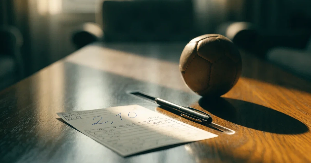 Ein leerer Papier-Wettschein und ein Kugelschreiber liegen neben einem kleinen Fußball auf einem Holztisch, weiches Fensterlicht.