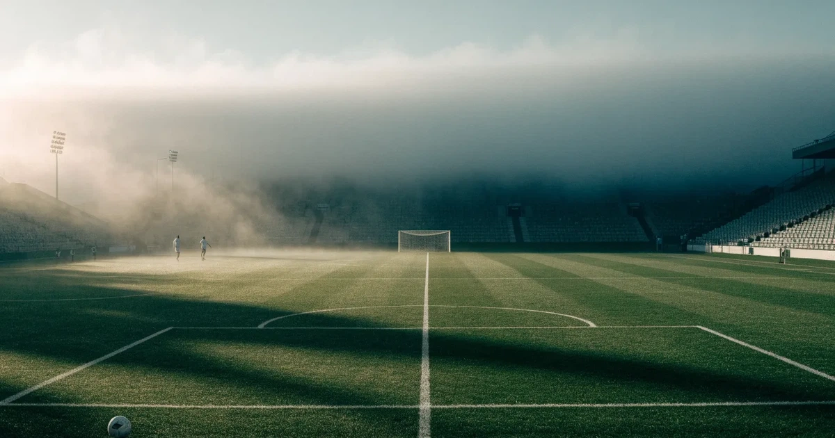 Ein Fußballplatz mit gepflegtem Rasen und einem Tor, über dem Spielfeld liegt Morgennebel, im Hintergrund eine leere Tribüne.