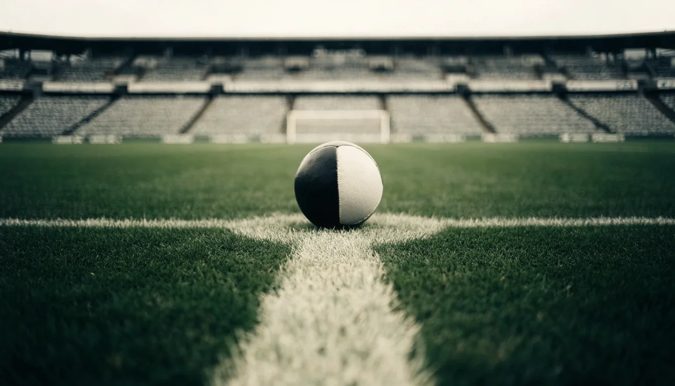 Ein Fußball liegt auf dem Rasen im Mittelkreis, die Kreidelinien führen scharf ins Bild, dahinter verschwimmt eine Tribüne.