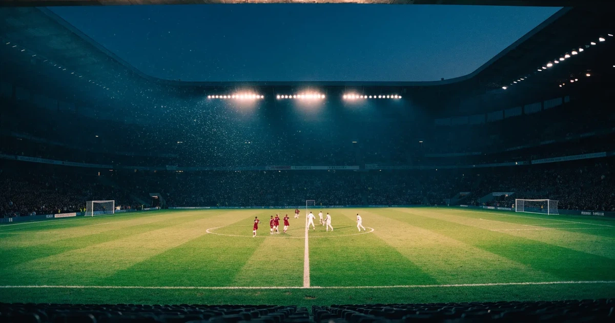 Ein großes Stadion bei Nacht, aus der Ferne unter Flutlicht gesehen, die Ränge hell erleuchtet, der Rasen leuchtend grün.