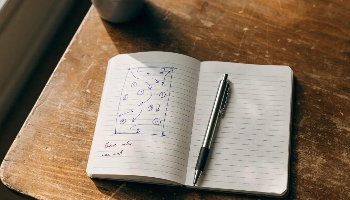 Ein aufgeschlagenes Notizbuch mit handschriftlichen Skizzen von Spielzügen liegt neben einem Kugelschreiber auf einem Holztisch.