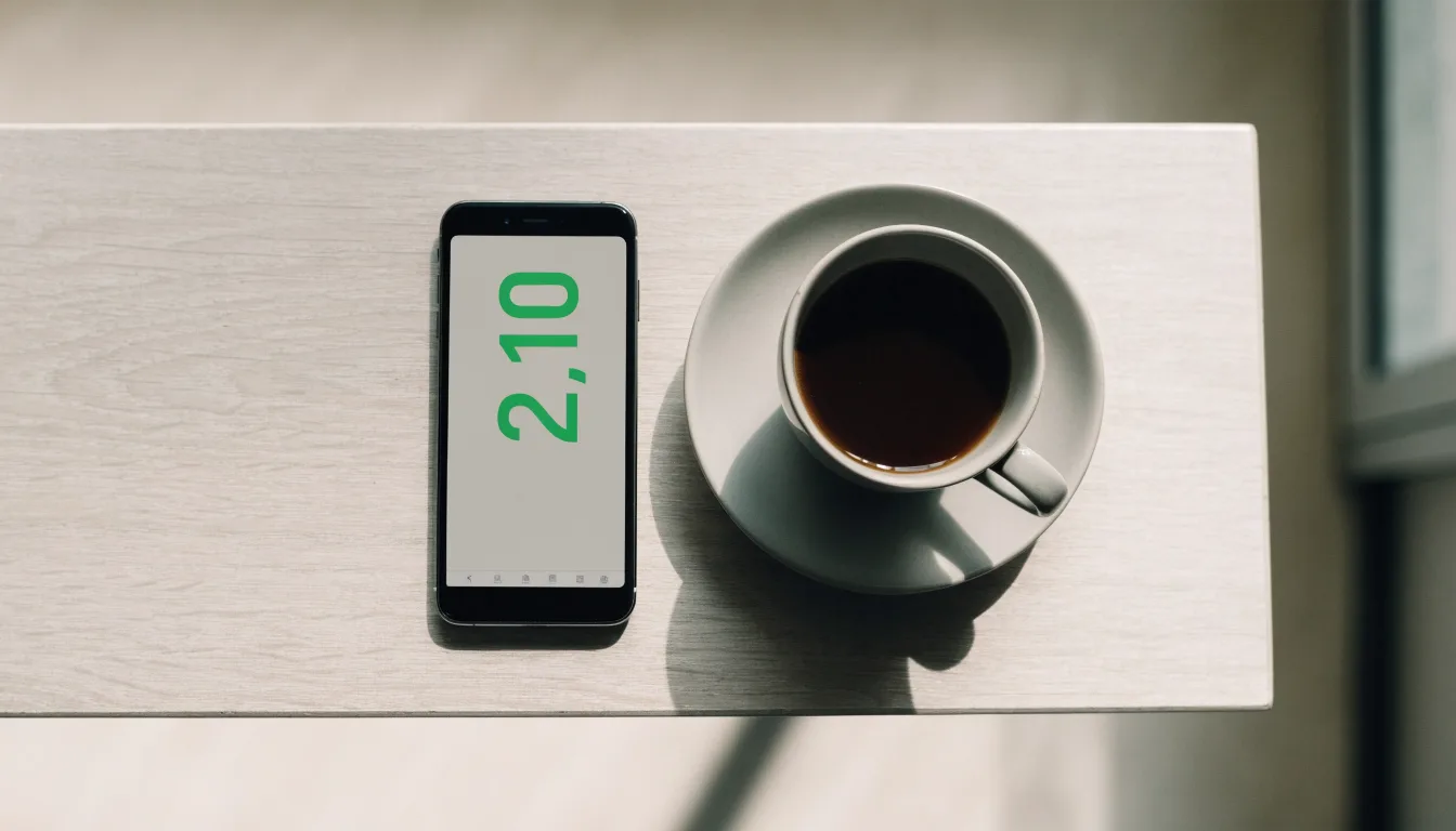Ein Smartphone mit dunklem Display liegt neben einer Kaffeetasse auf einem Holztisch im Licht eines Fensters.