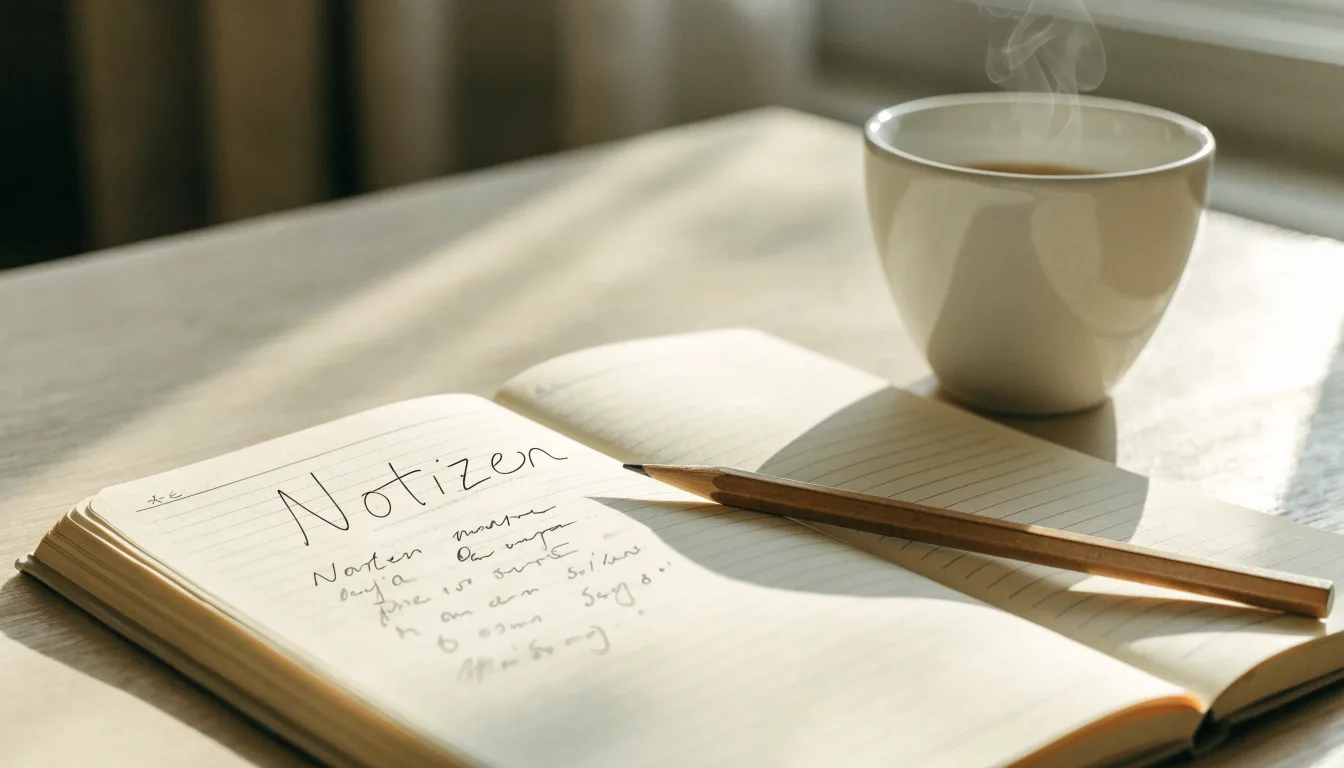 Ein aufgeschlagenes Notizbuch mit handgeschriebenen Stichpunkten und ein Bleistift liegen neben einer Kaffeetasse auf einem hellen Holztisch.
