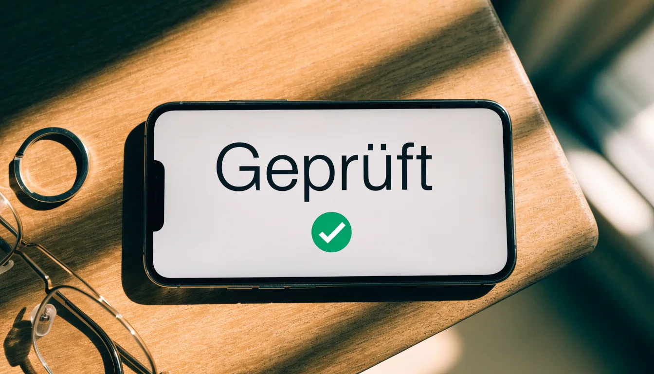 Ein Smartphone liegt mit dunklem Display auf einem Holztisch neben einem Schlüsselbund und einer Brille im Licht eines Fensters.