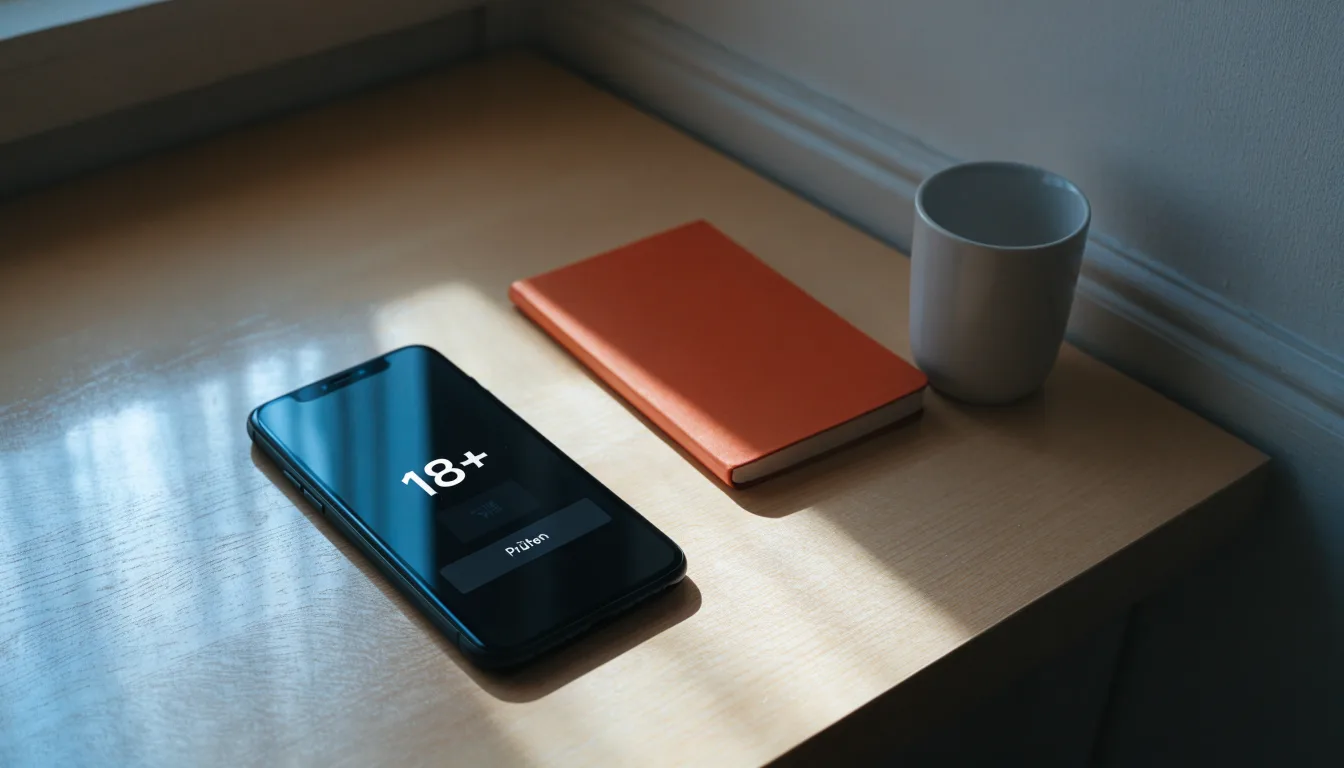 Ein Smartphone liegt mit dunklem Display auf einem Schreibtisch neben einem Notizbuch und einer Kaffeetasse.