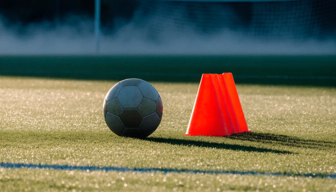 Ein Fußball liegt auf einem Rasenplatz bei Sonnenaufgang, daneben ein kleiner Stapel Trainingshütchen.