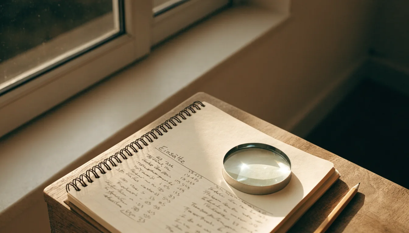Ein schmaler Schreibtisch am Fenster mit einem Notizbuch, einer Lupe und einem Bleistift im Morgenlicht.