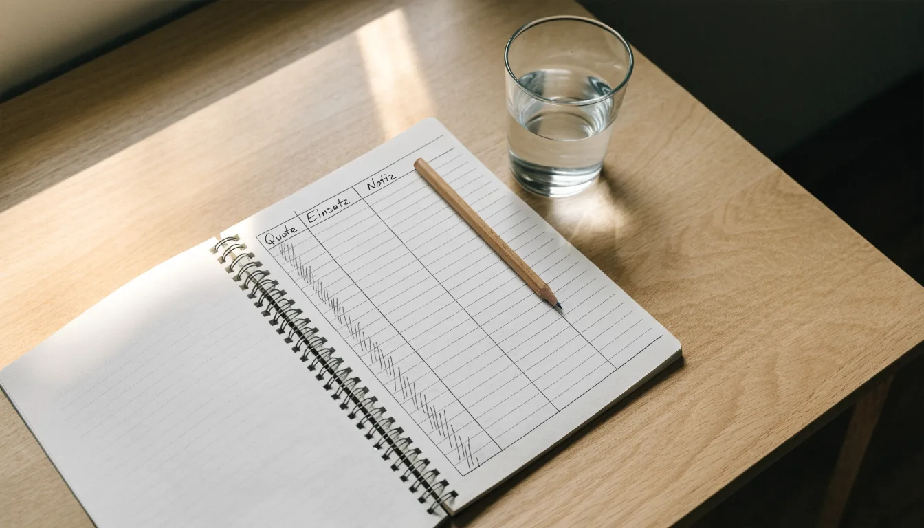Ein Notizbuch mit handgezeichneten Spalten und ein Bleistift liegen auf einem hellen Holztisch neben einem Glas Wasser.