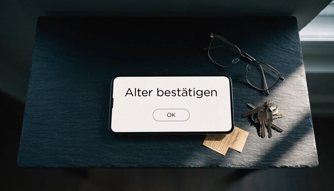 Ein Smartphone liegt mit dunklem Display auf einem Schreibtisch neben einem Schlüsselbund und einer Brille.