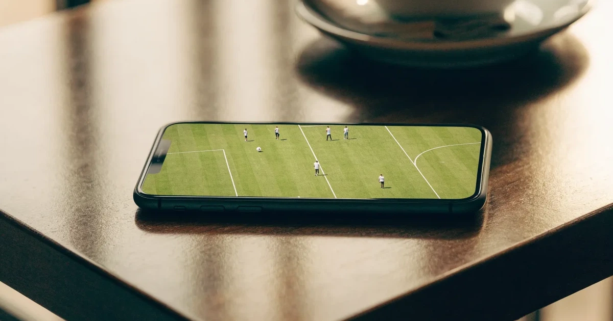 Eine Hand hält ein Smartphone mit dunklem Display, im Hintergrund unscharf ein Café-Tisch mit einer Tasse.