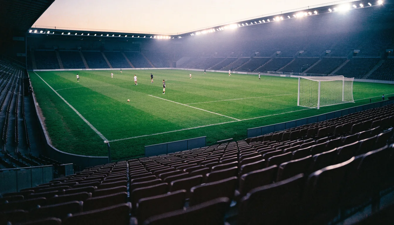 Eine leere Stadiontribüne unter Flutlicht aus der Ferne betrachtet, die Rasenfläche leuchtet grün in der Dämmerung.