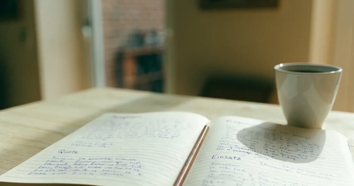 Handschriftliche Zahlenkolonnen in einem Notizbuch, daneben ein Bleistift und eine Tasse Kaffee auf hellem Holz.